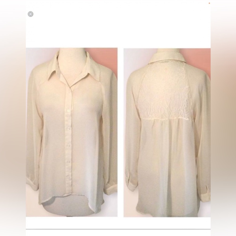Lauren Conrad Sheer Ivory Blouse With Lace Inset‎ Back Size M